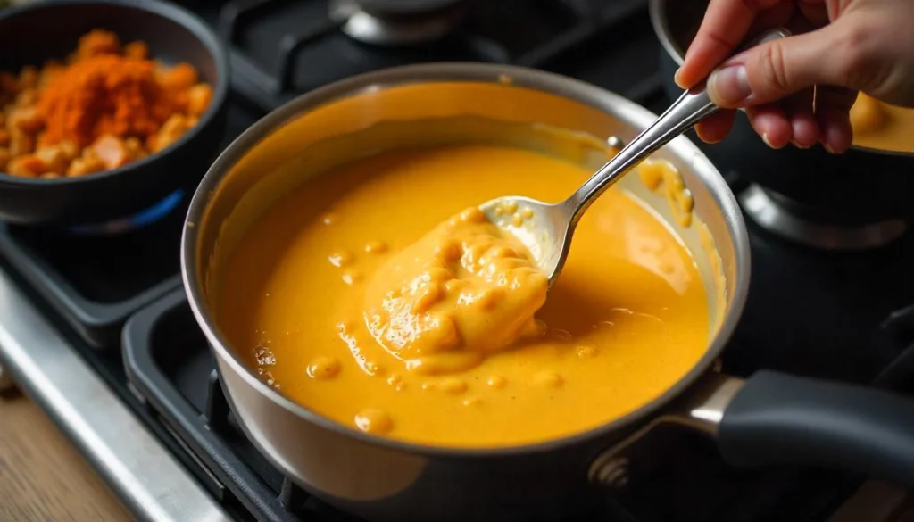 Chef stirring melted cheese for queso dip with meat, ground beef and spices in the background.