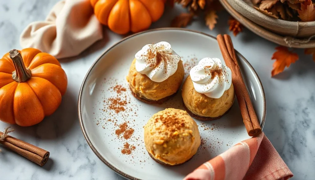 Pumpkin cheesecake balls on a dessert plate with whipped cream and cinnamon garnish.