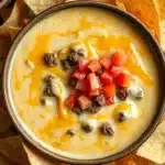 Queso dip with meat, creamy and savory, surrounded by tortilla chips and fresh cilantro