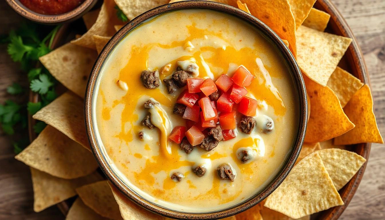 Queso dip with meat, creamy and savory, surrounded by tortilla chips and fresh cilantro