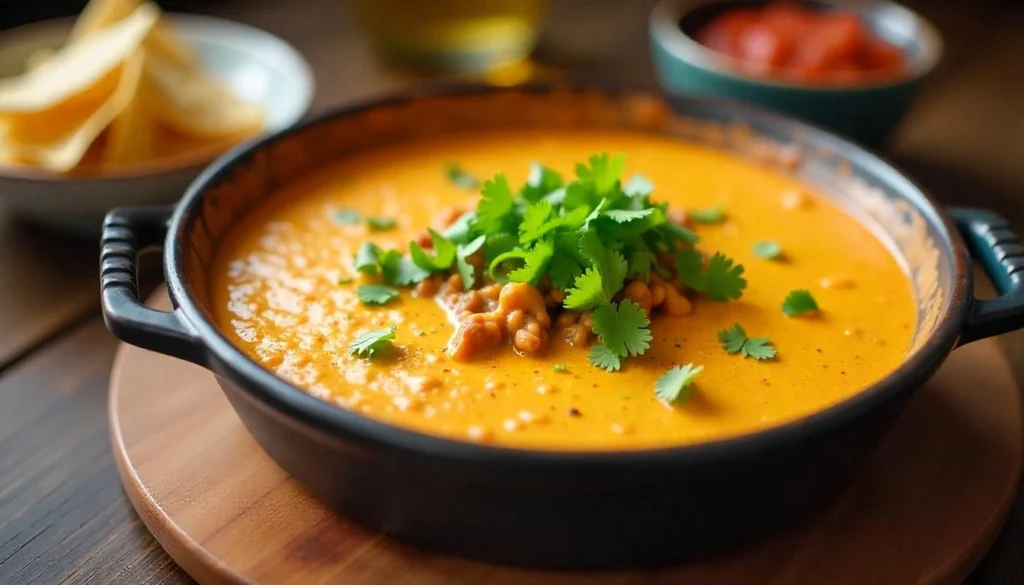 A bowl of queso dip with meat garnished with cilantro, served with tortilla chips and fresh salsa.