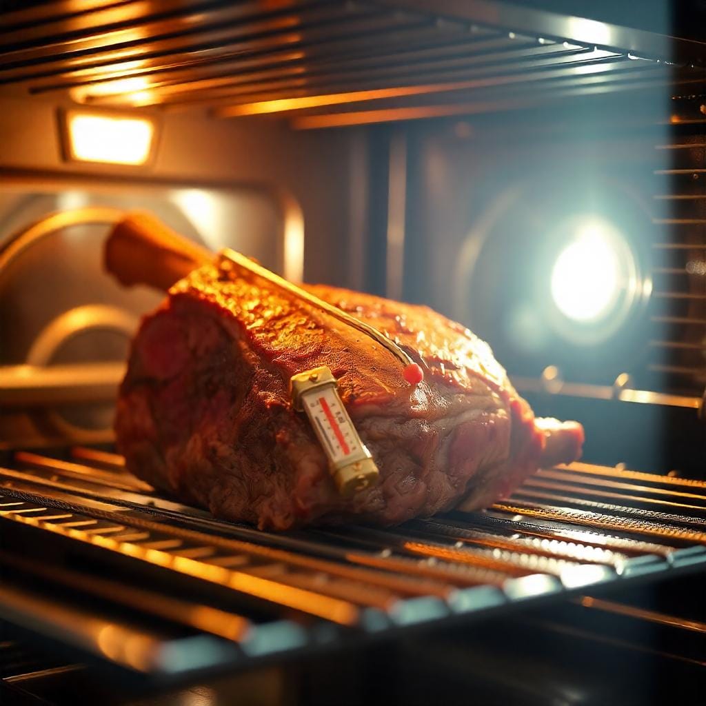 Prime rib roasting in a convection oven with a golden crust forming and a meat thermometer inserted.