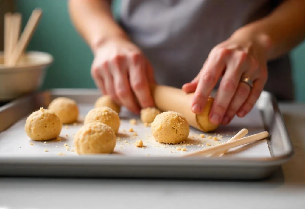 A person rolling the mixture into small cake balls to make cookies and cream cake pops, with lollipop sticks ready to insert