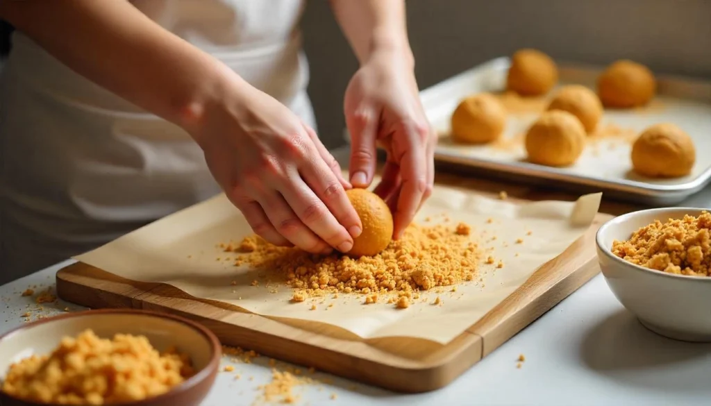 Hands rolling pumpkin cheesecake balls in crushed graham crackers with a tray of prepared balls nearby.