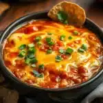 Bowl of creamy Rotel dip with tomatoes, cheese, and ground beef garnished with cilantro, served with tortilla chips.