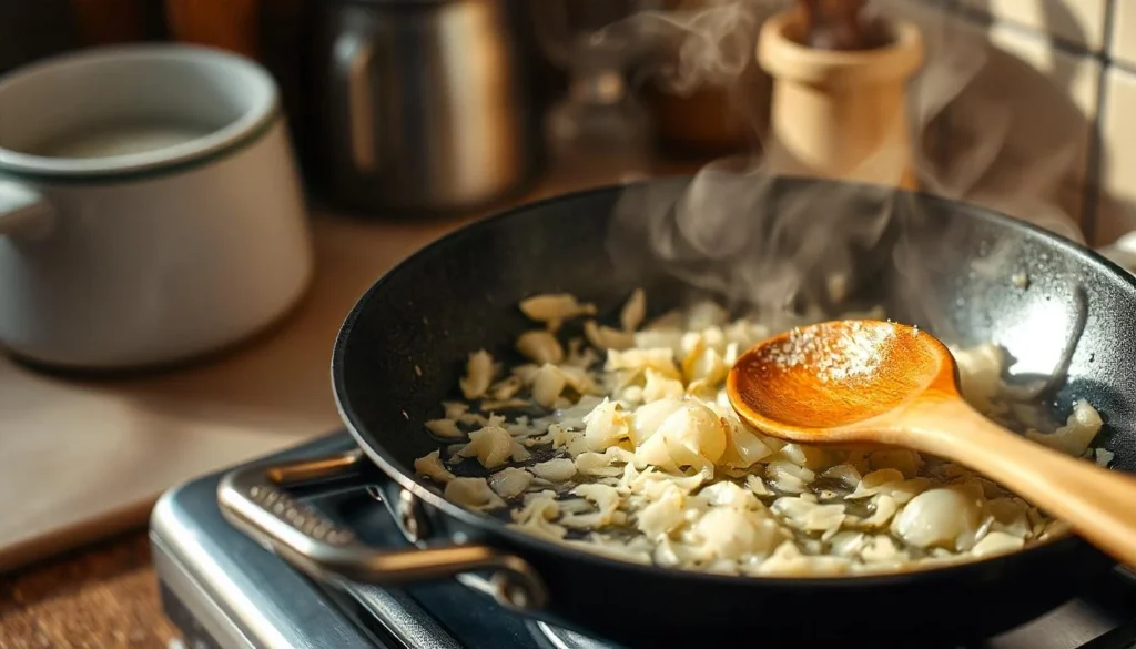 Onions and garlic sautéing in butter in a frying pan on a warm kitchen stove