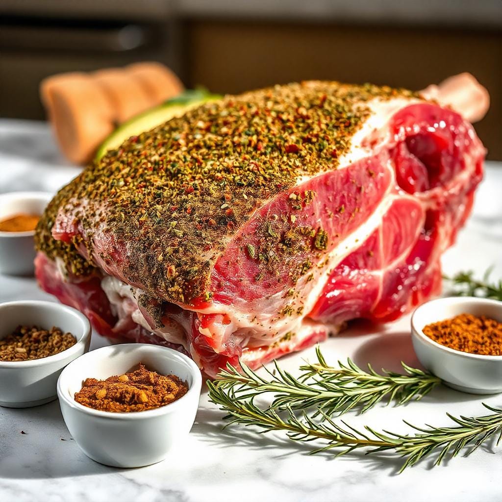 Raw prime rib seasoned with a blend of herbs and spices, surrounded by small bowls of seasoning and fresh rosemary sprigs.