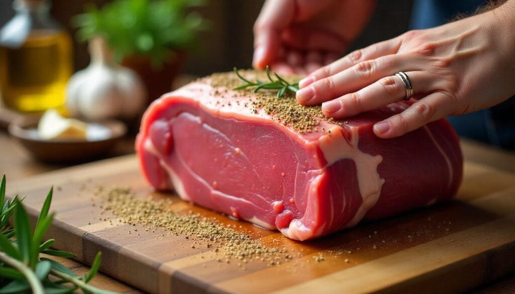 Hands rubbing a seasoning mixture of olive oil, salt, pepper, garlic, and rosemary on a prime rib roast.