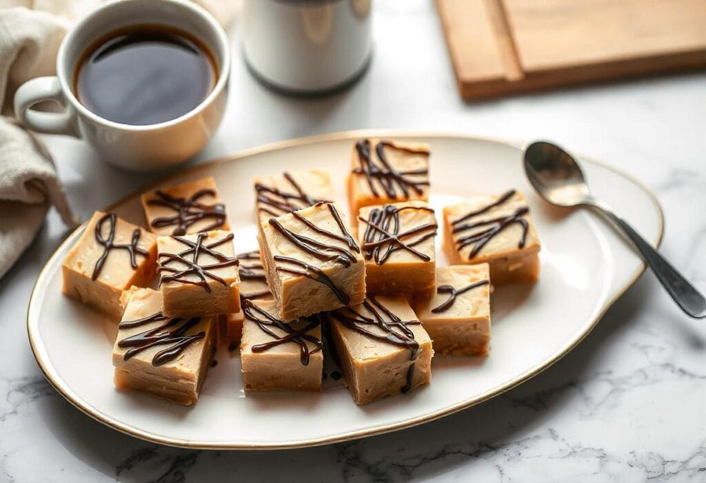 Serving suggestion for 3 ingredient peanut butter fudge with chocolate drizzle