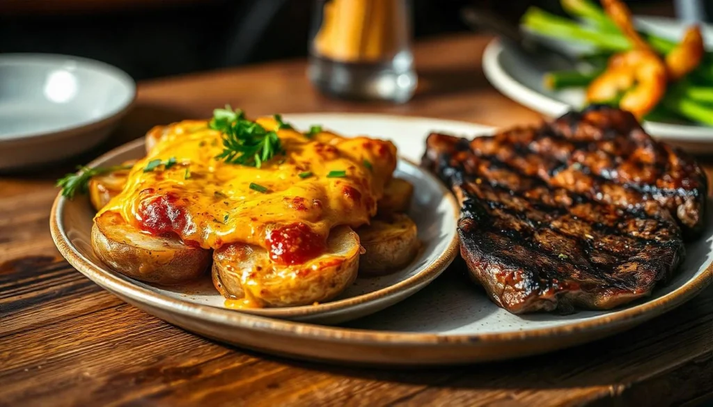 A plate of cheesy potatoes with a golden, crispy top, served alongside a grilled steak, garnished with fresh herbs.