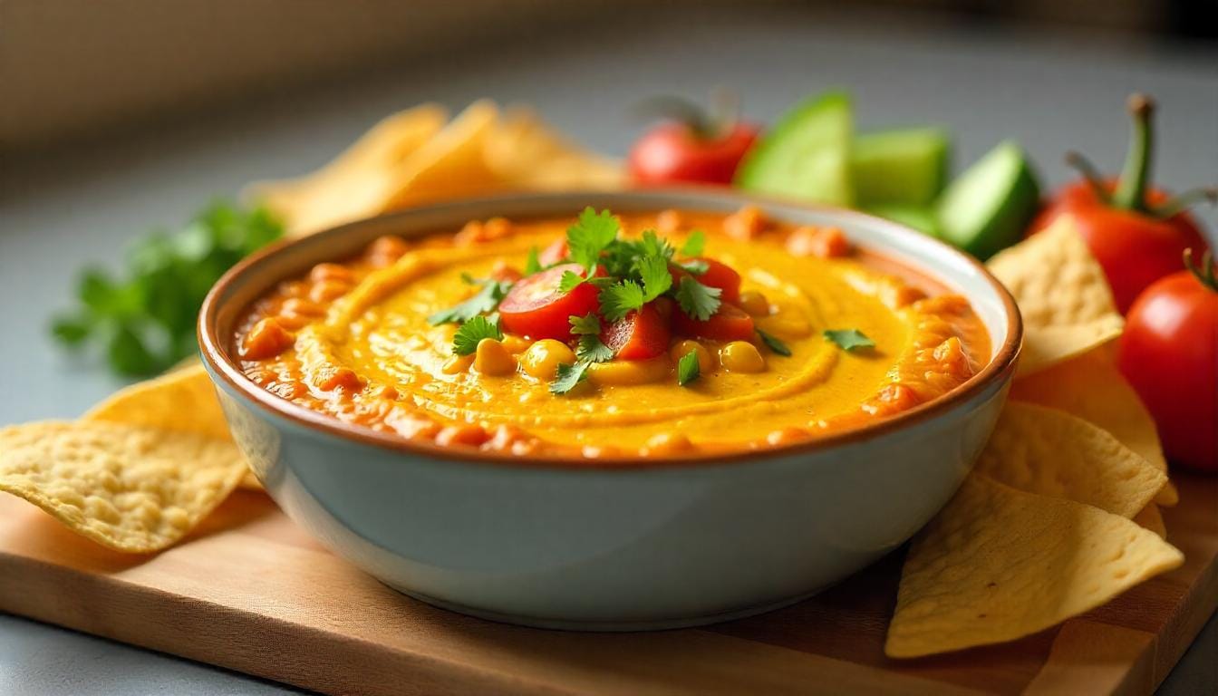 A bowl of fiesta corn dip with Rotel served with tortilla chips on a bright kitchen counter.