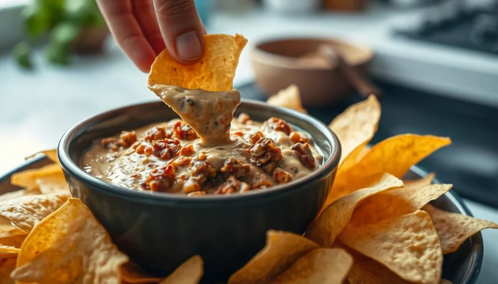 Hamburger dip for nachos served with crispy tortilla chips, with a hand dipping a chip into the creamy dip.