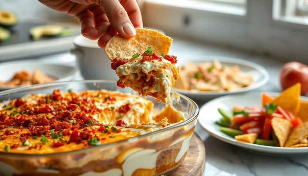 A hand scooping a bite of seven-layer dip from a trifle dish with a tortilla chip.