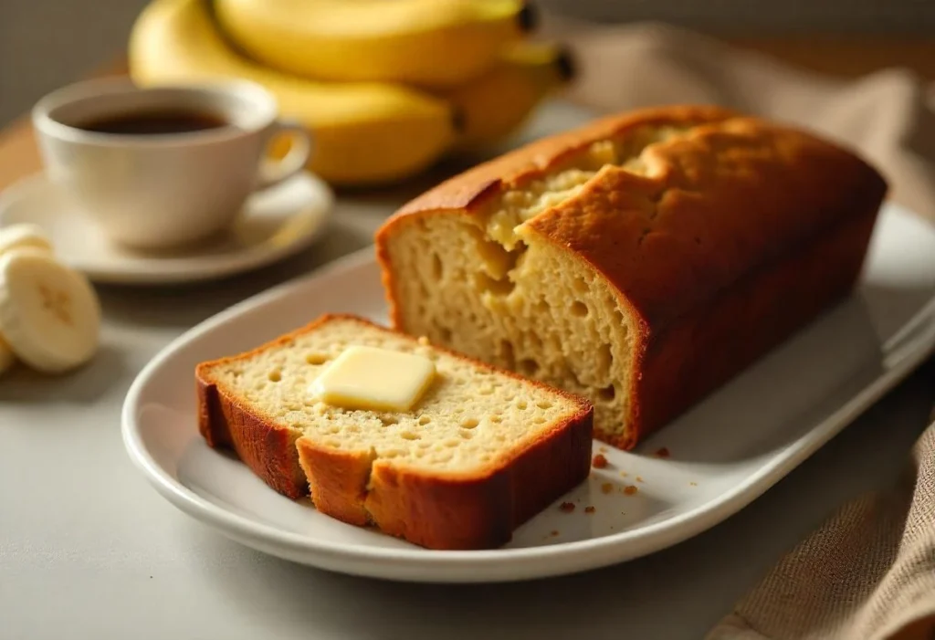 A sliced loaf of banana bread served on a plate with butter and coffee in the background.