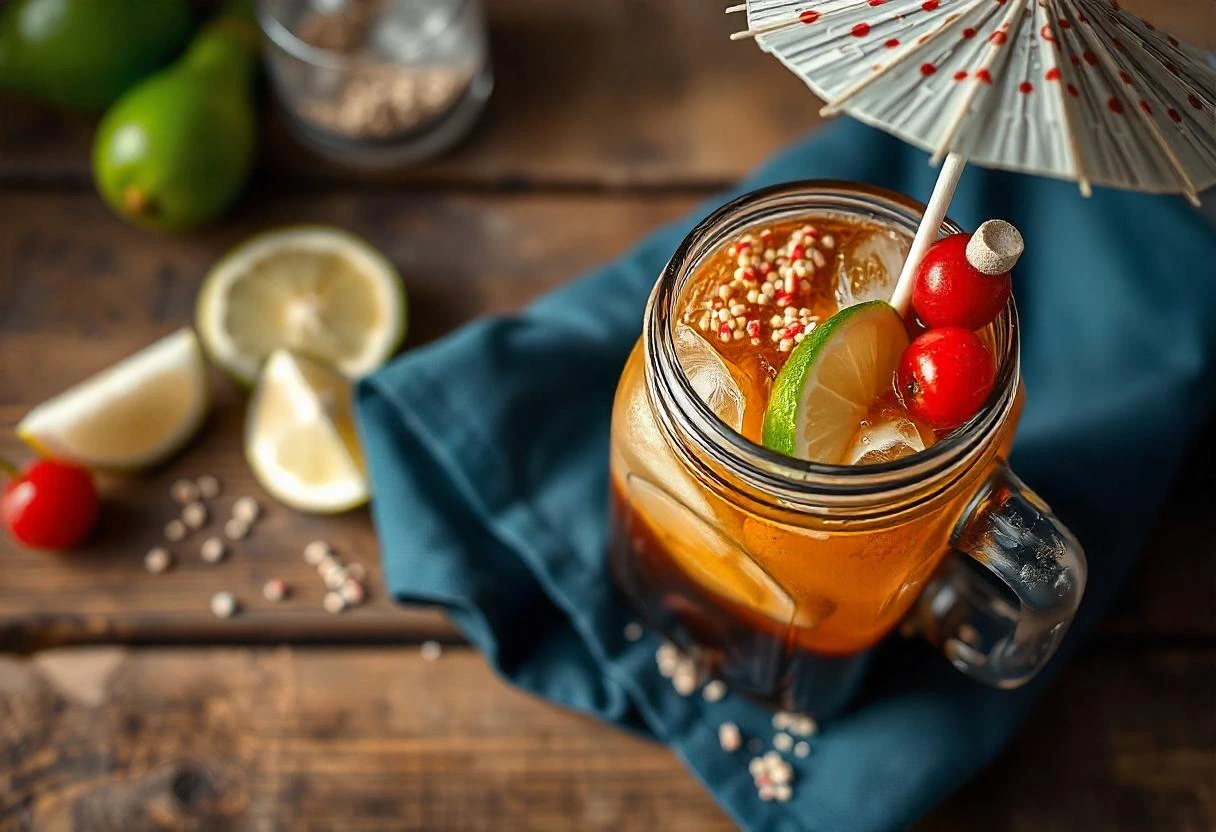 Dirty soda with coconut syrup and lime wedge, topped with cream and garnishes, served in a bright kitchen setting.