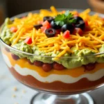 Seven layer dip in a trifle dish with vibrant layers of beans, guacamole, salsa, and cheese.