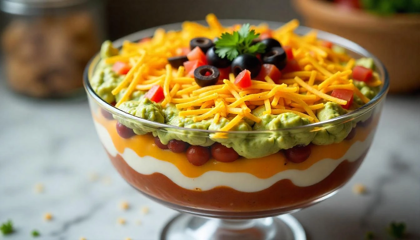 Seven layer dip in a trifle dish with vibrant layers of beans, guacamole, salsa, and cheese.