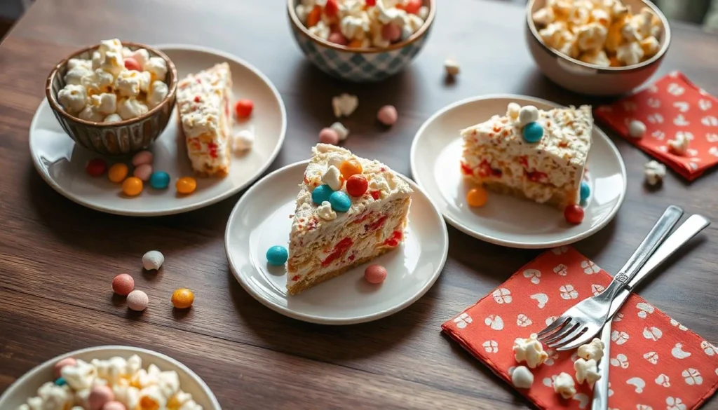 Slices of Popcorn Cake garnished with candies and marshmallows on dessert plates.