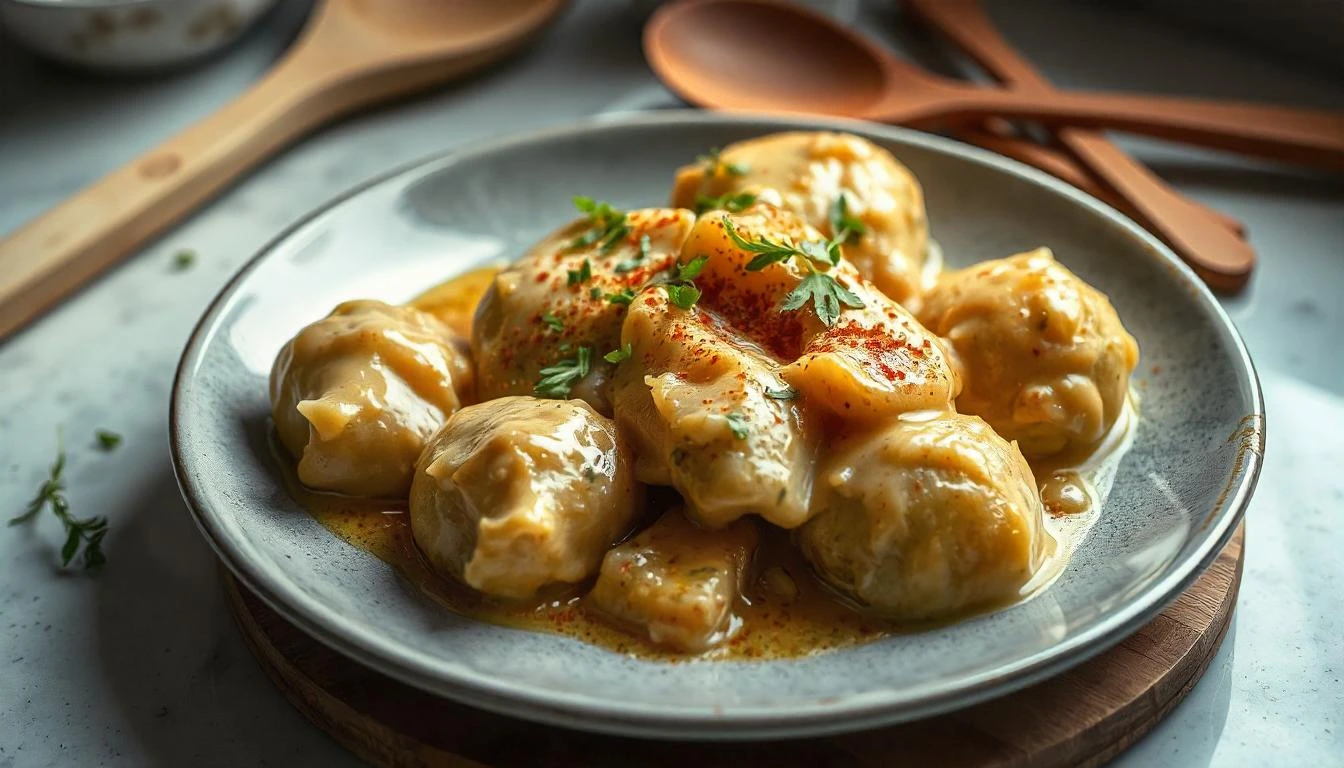 Smothered potatoes in creamy sauce with fresh herbs and paprika, plated on a rustic kitchen counter