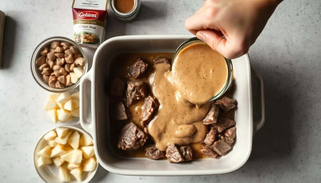 Ingredients for no-peek beef tips with sauce being poured over beef in a baking dish during preparation.