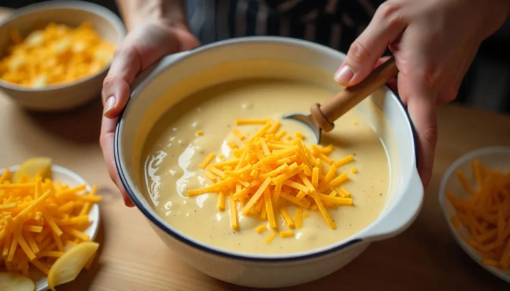 A person mixing sour cream, cream of chicken soup, and cheddar cheese in a large bowl for cheesy potatoes.