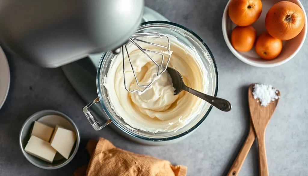 Step-by-step process of mixing cream cheese filling with a stand mixer on a kitchen counter