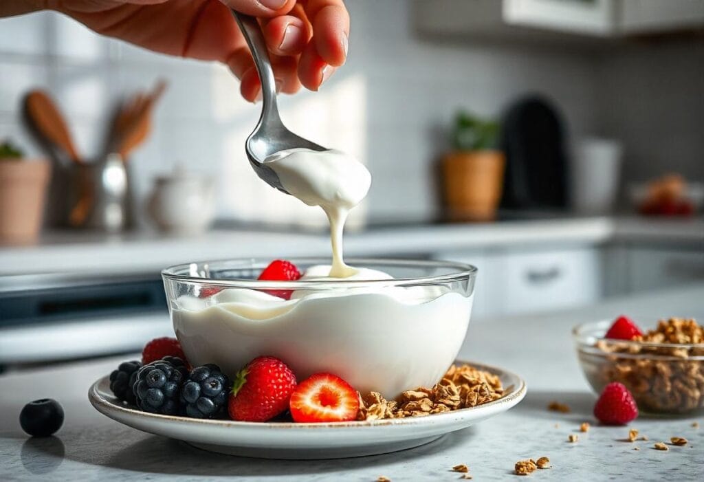 Step-by-step process of building a yogurt bowl with Greek yogurt, fresh berries, and granola.