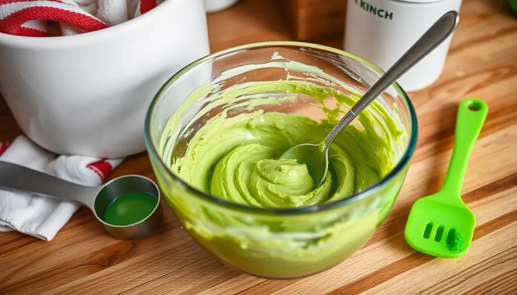 Mixing Grinch cookie dough with green food coloring on a kitchen counter