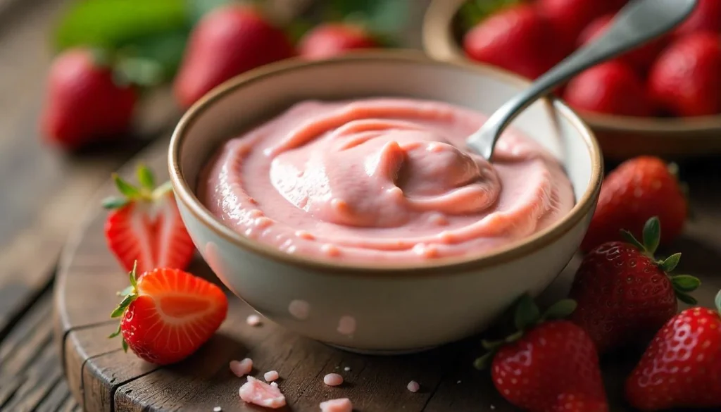 Strawberry cream cheese filling in a bowl with fresh strawberries and a spoon on a rustic wooden table