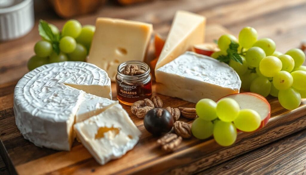 Full fruit and cheese platter with a variety of cheeses, fresh fruits, and accompaniments on a dining table. 