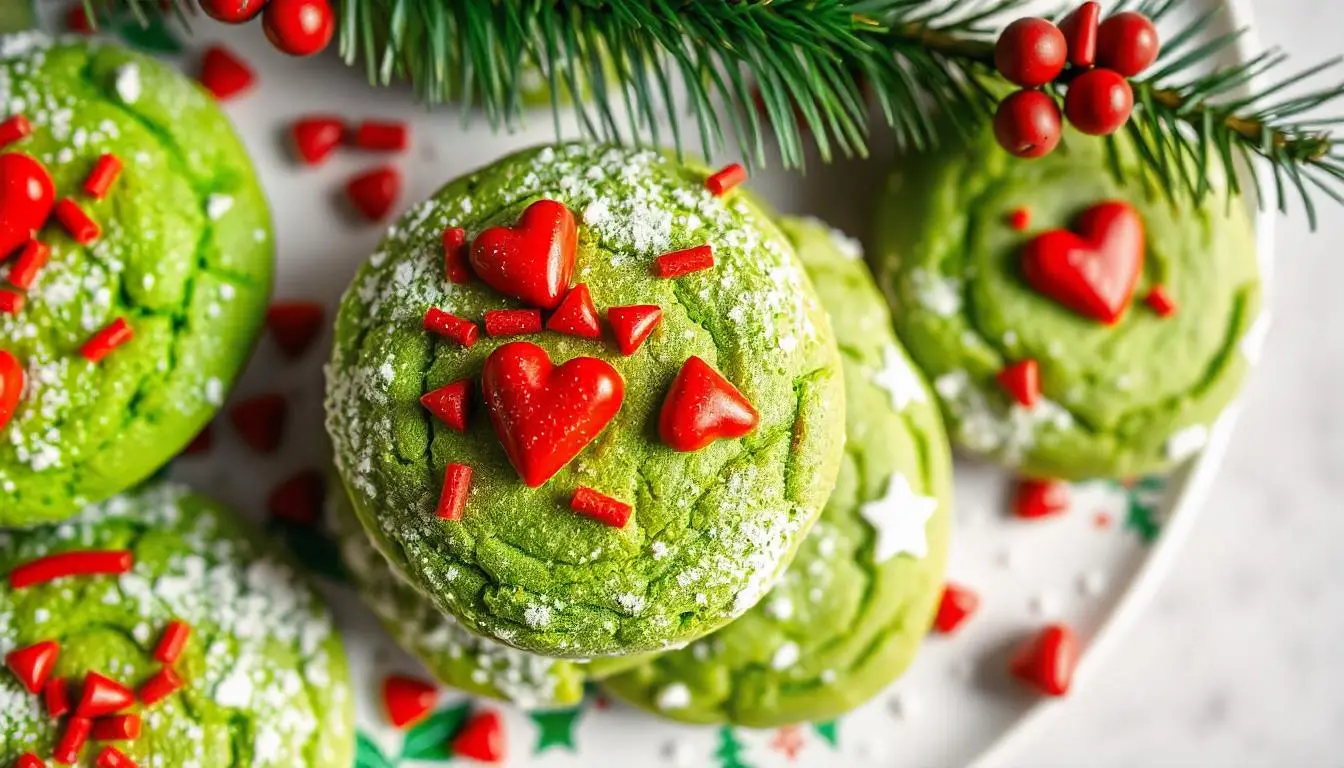 Grinch cookies with cake mix on a Christmas tray with red heart sprinkles and powdered sugar