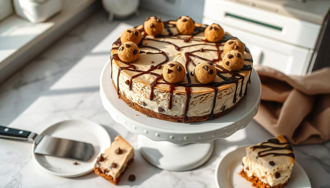 Cookie dough cheesecake on a white cake stand with cookie dough balls and chocolate drizzle.