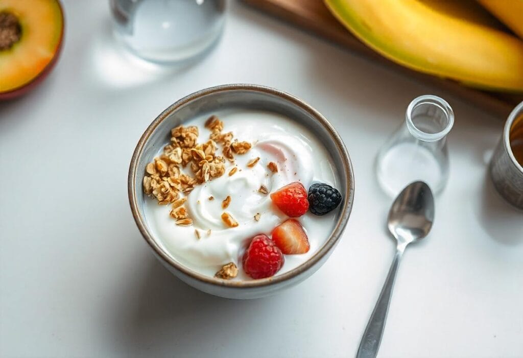 Close-up shot of a yogurt bowl with toppings, emphasizing its mixture properties alongside scientific props for educational context.