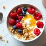 Vibrant yogurt bowl with fresh berries, granola, and honey, showcasing a healthy and colorful meal