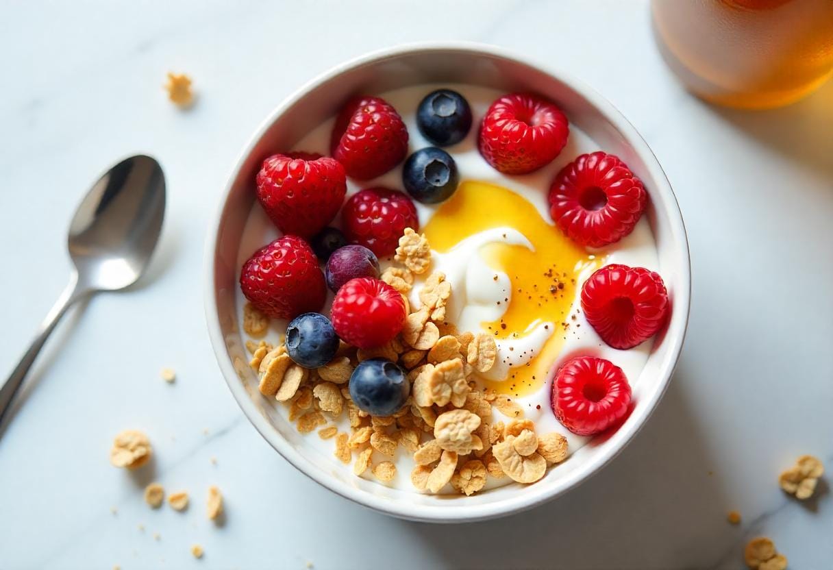 Vibrant yogurt bowl with fresh berries, granola, and honey, showcasing a healthy and colorful meal