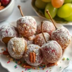 Candied grapes with nuts on a decorative platter with a glossy sugar coating and crushed almonds.