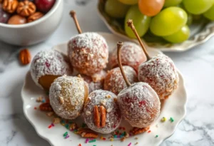 Candied grapes with nuts on a decorative platter with a glossy sugar coating and crushed almonds.