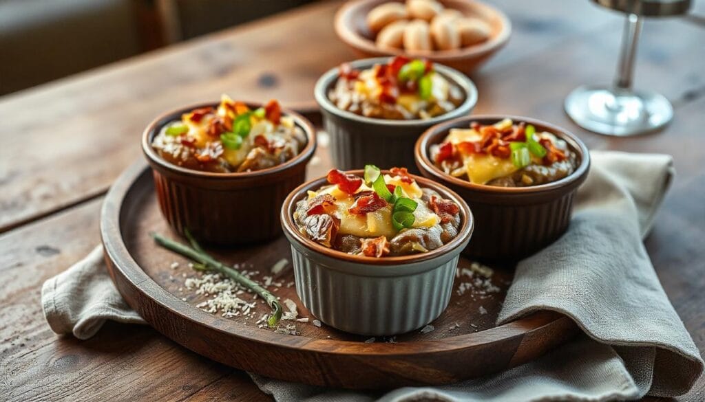 Individual ramekins of Mississippi Mud Potatoes garnished with green onions and bacon.