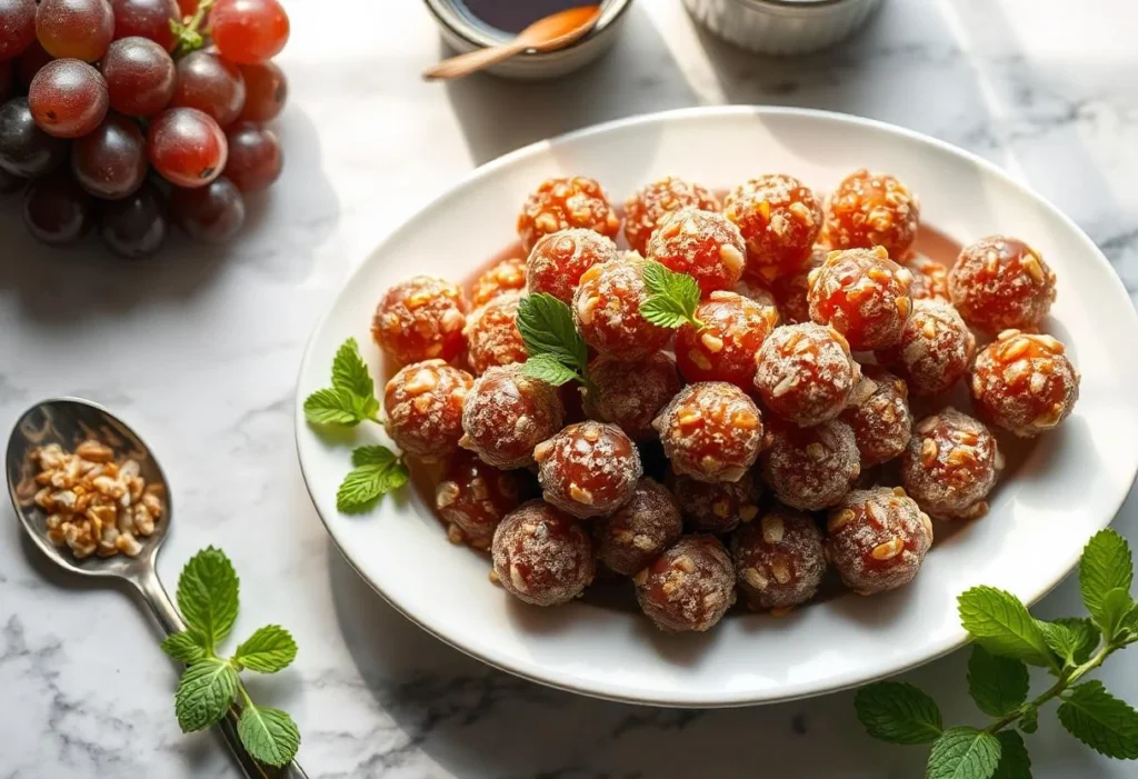 Finished candied grapes with a crunchy nut coating on a decorative platter.