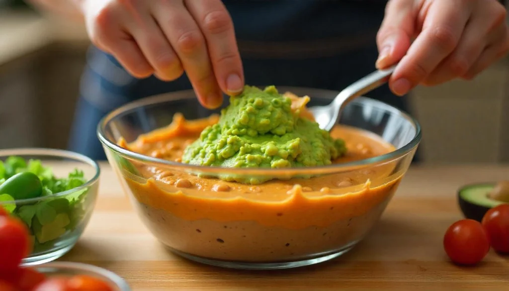 A close-up of hands layering guacamole over refried beans in a trifle dish.