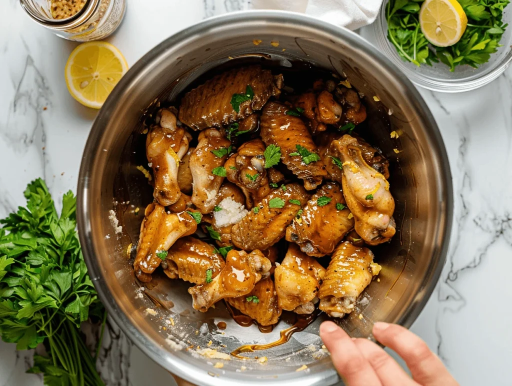 Overhead shot of crispy wings coated in honey lemon pepper sauce.