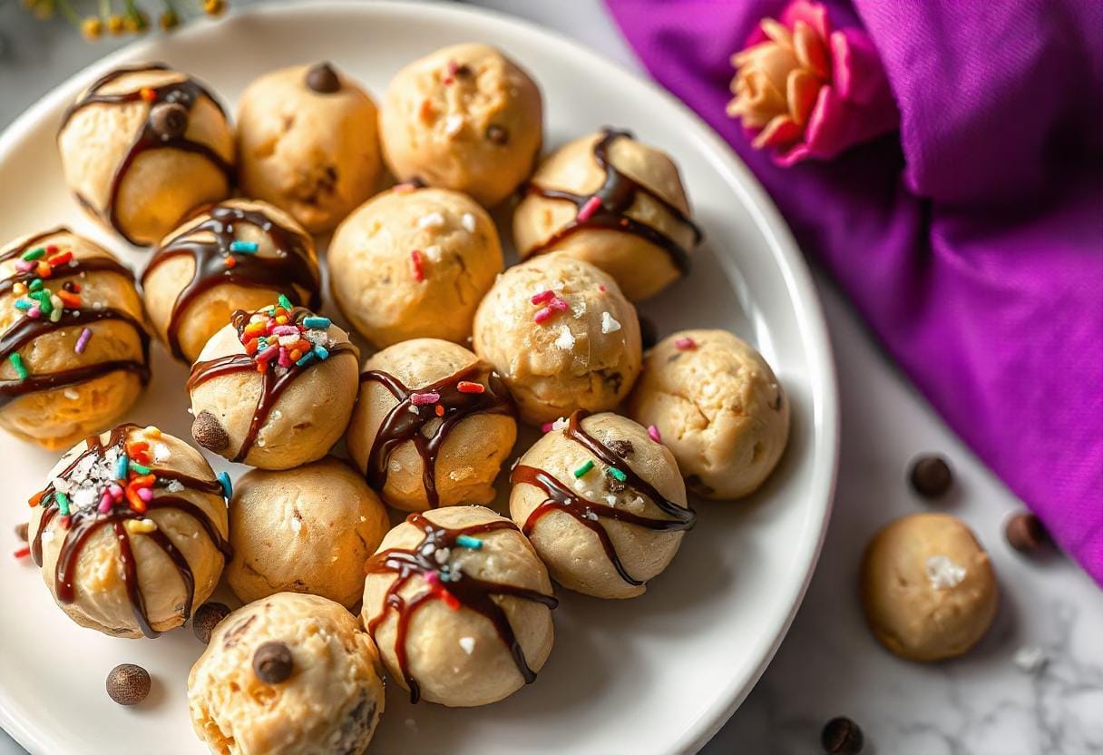 Bite-sized portions of edible sugar cookie dough rolled into balls, topped with sprinkles, chocolate chips, and a drizzle of chocolate syrup.