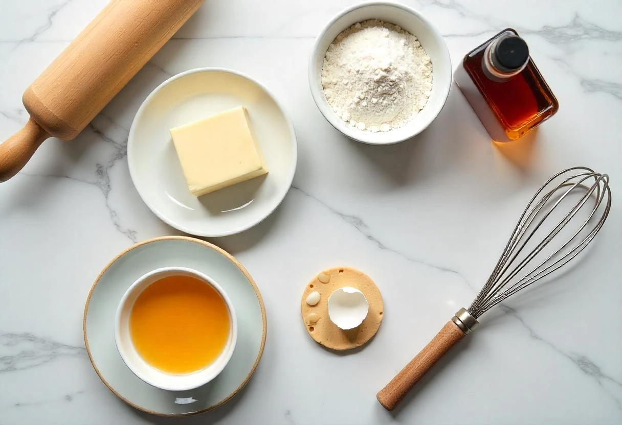 Ingredients for classic butter cookies including butter, sugar, flour, egg, and vanilla extract on a marble countertop.