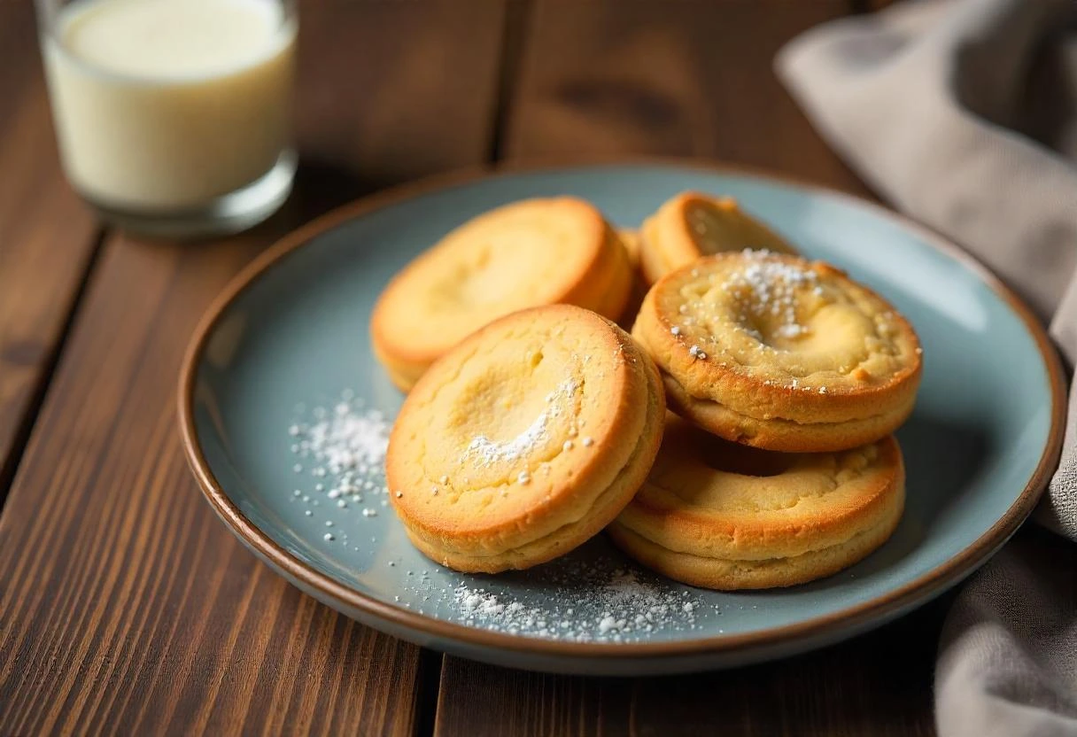 Golden, crispy classic butter cookies arranged on a plate with a soft dusting of powdered sugar.