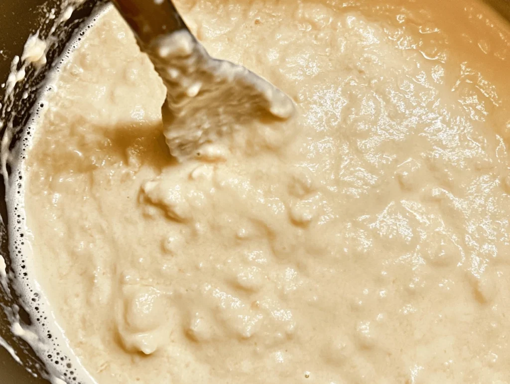 A saucepan with heavy cream and Parmesan cheese melting into a rich and creamy sauce.