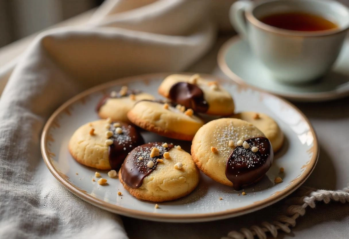 A plate of classic butter cookies, some dipped in chocolate and others dusted with powdered sugar, served with tea.