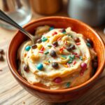 Close-up of a bowl of edible sugar cookie dough with colorful sprinkles and chocolate chips, ready to eat.