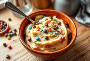 Close-up of a bowl of edible sugar cookie dough with colorful sprinkles and chocolate chips, ready to eat.