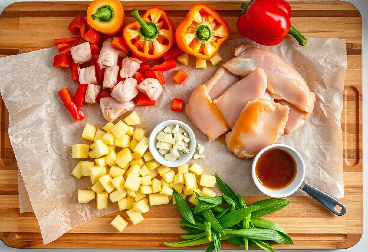 Fresh ingredients for Hawaiian Chicken Sheet Pan, including raw chicken, bell peppers, pineapple, garlic, and homemade Hawaiian sauce on a wooden board.