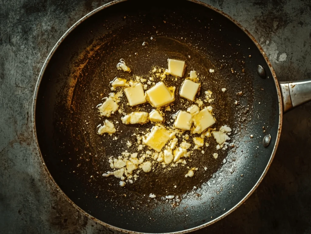 Minced garlic sizzling in melted butter, forming a rich and aromatic garlic butter sauce.